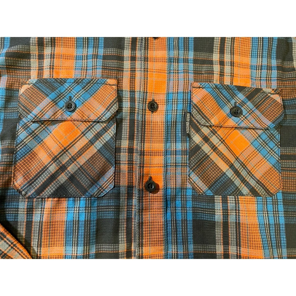 Harley Davidson Men M Performance Plaid Shirt Long Sleeve Orange Blue Back Logo - Picture 5 of 9